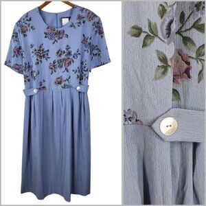 Vintage 90s Shirt Dress Plus 24W 24 3X Floral Cottagecore Rose Blue Tie Waist